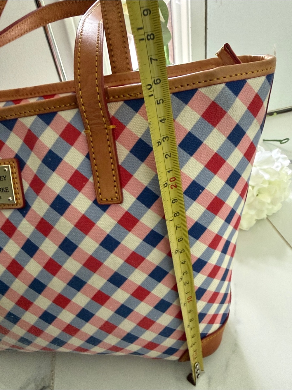 Dooney & Bourke Red Navy Check Tote with Tan Leather Trim - Picture 13 of 17